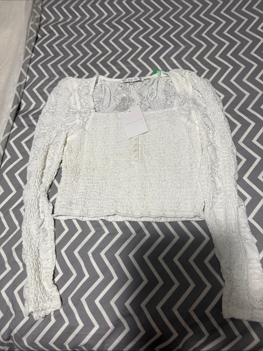 Endless Rose White Smocked Lace Button-Front Square-Neck Top
